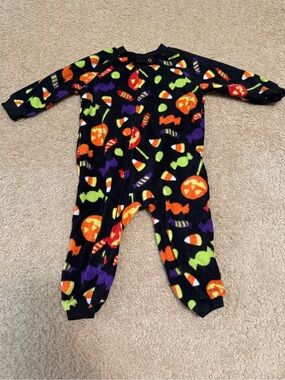 Celebrate It Halloween Candy Print Fleece Footie - Black, Orange, Green, Purple